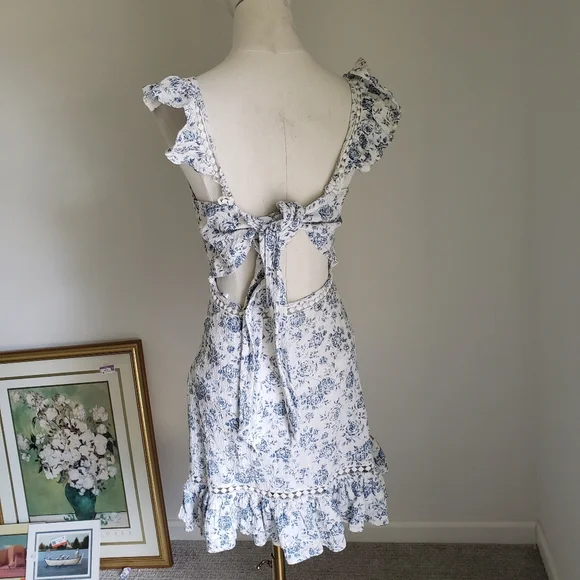 Minkpink Toile Floral Blue and White Open Back Mini Dress Small - Picture 5 of 11